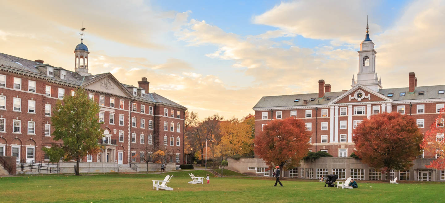 Moors Hall on Harvard University campus in Fall in Cambridge